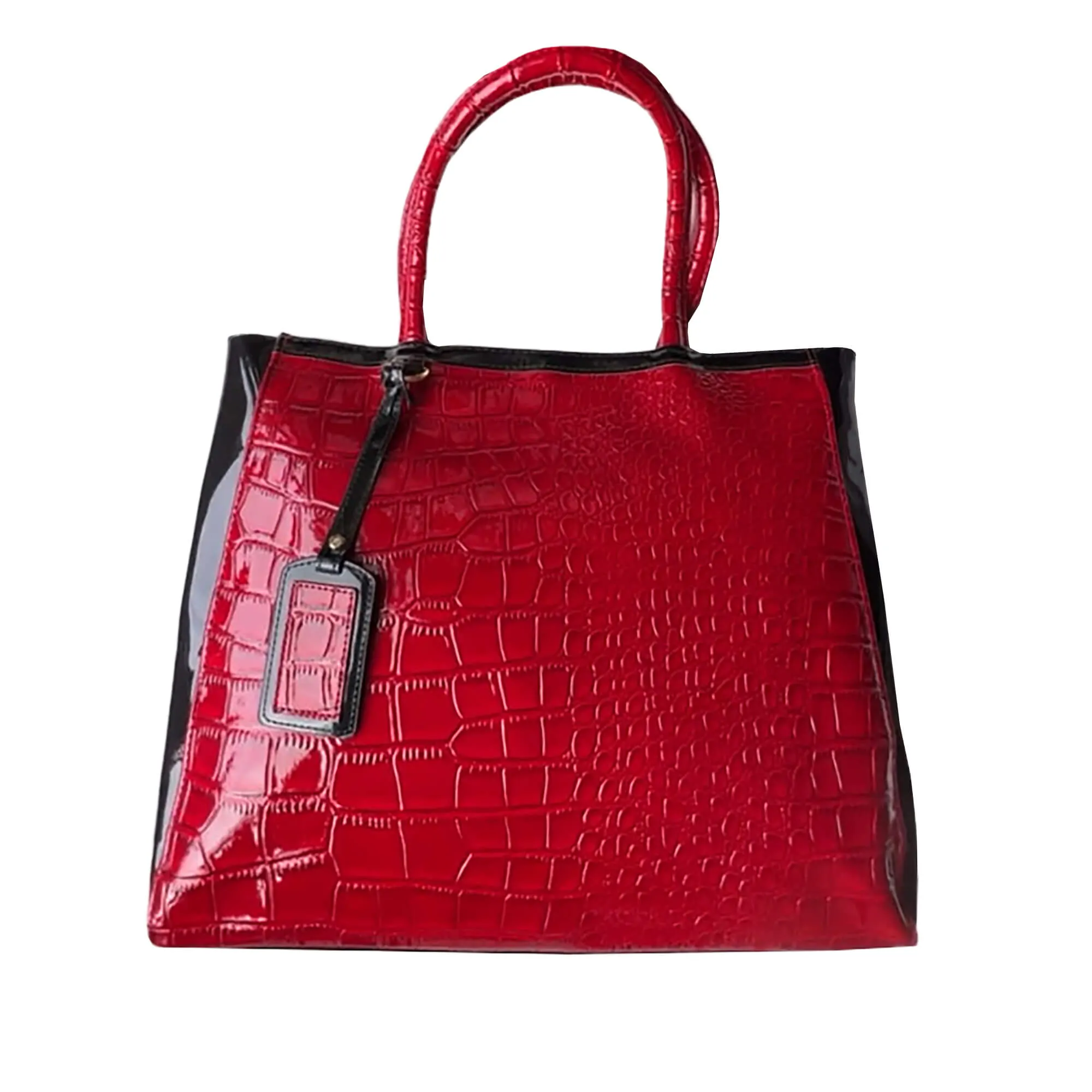 Elizabeth Arden Red and Black Patent Leather Expandable Faux Crocodile Tote Bag