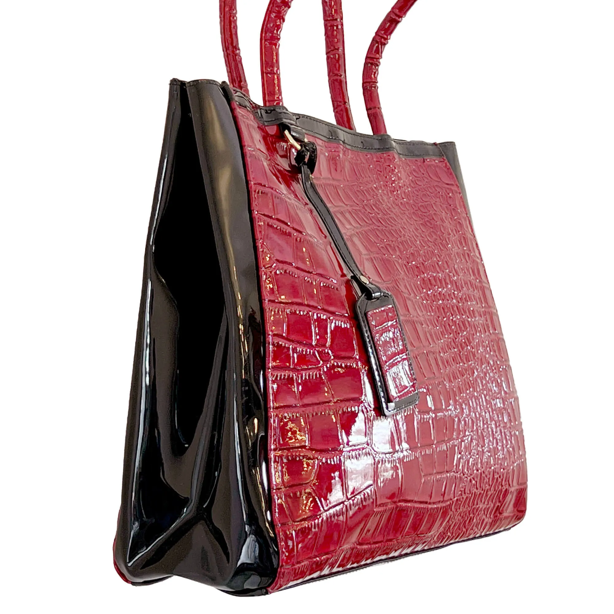 Elizabeth Arden Red and Black Patent Leather Expandable Faux Crocodile Tote Bag