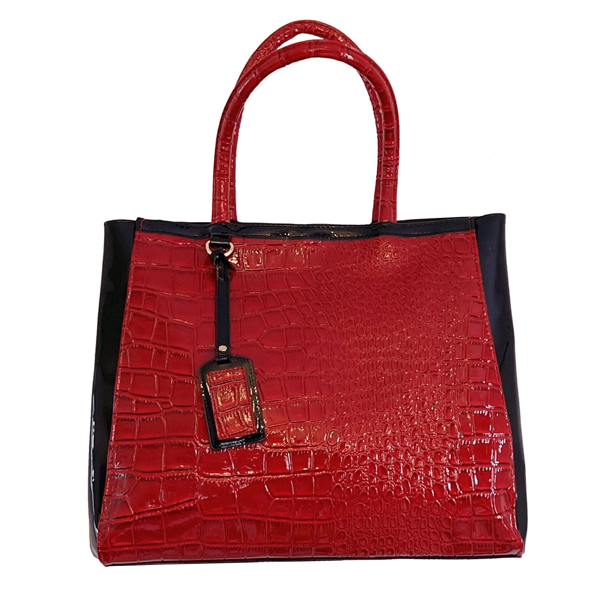 Elizabeth Arden Red and Black Patent Leather Expandable Faux Crocodile Tote Bag