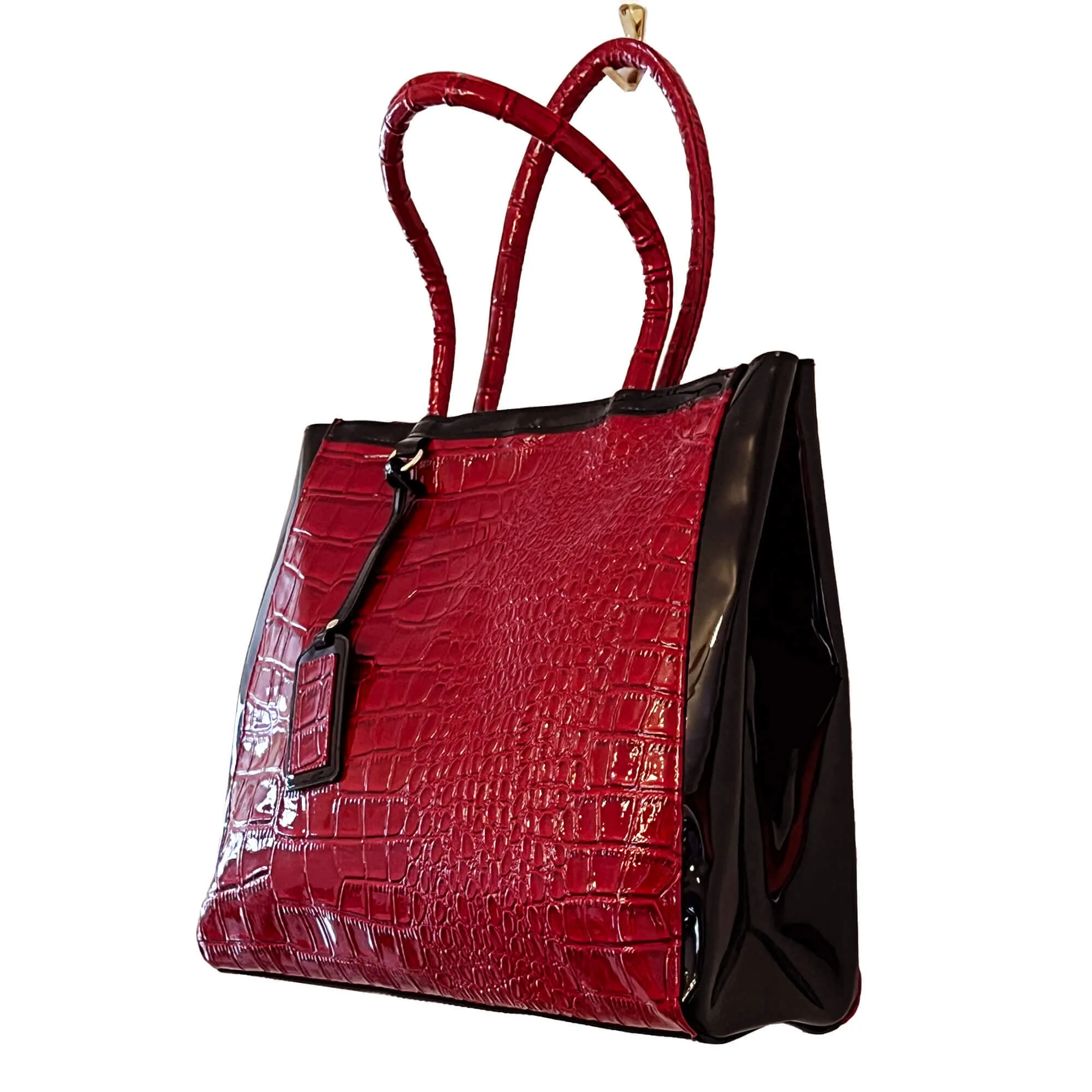 Elizabeth Arden Red and Black Patent Leather Expandable Faux Crocodile Tote Bag