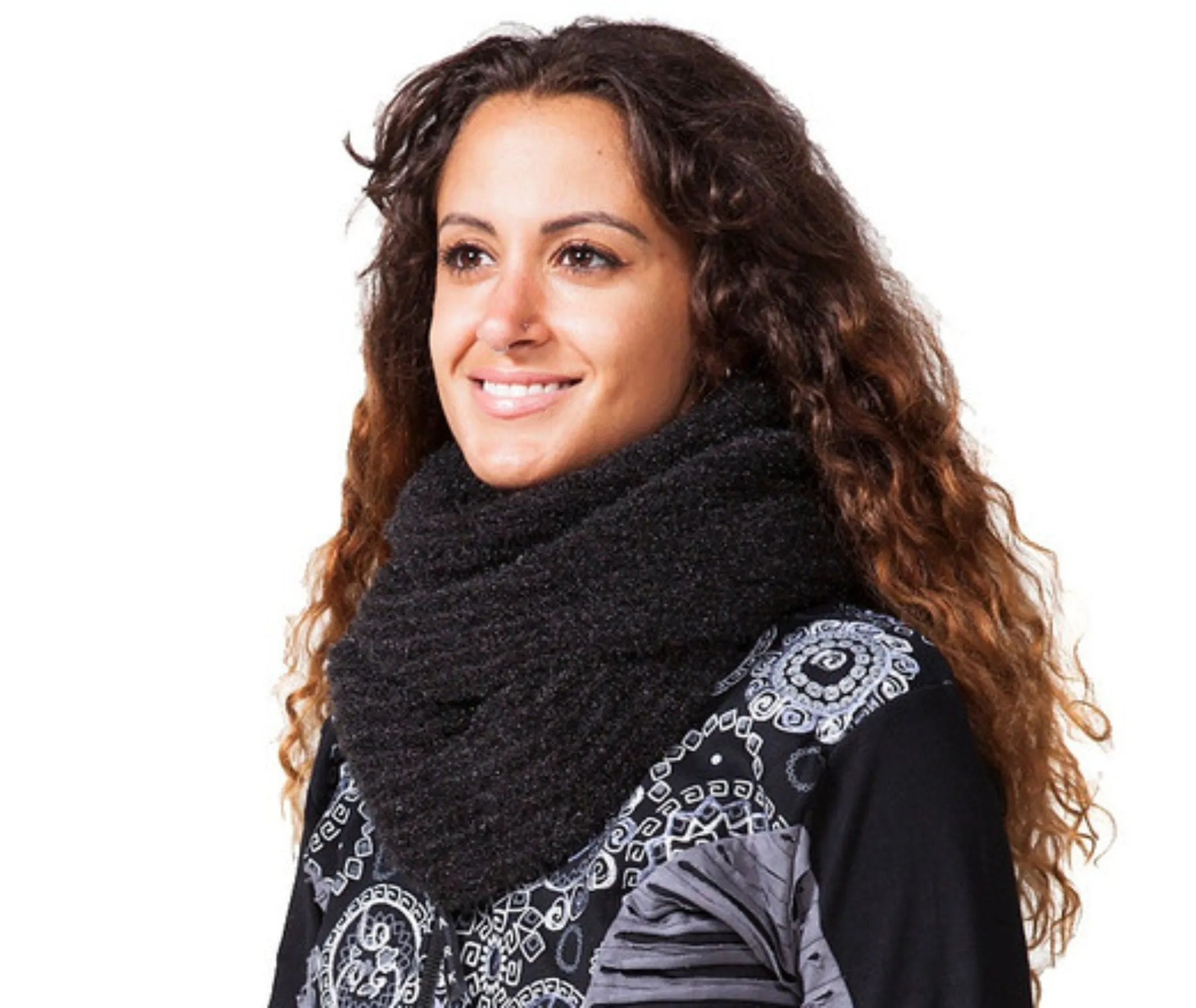 Fuzzy Infinity Scarf, Black Acrylic Fabric, Warm Fleece Lining