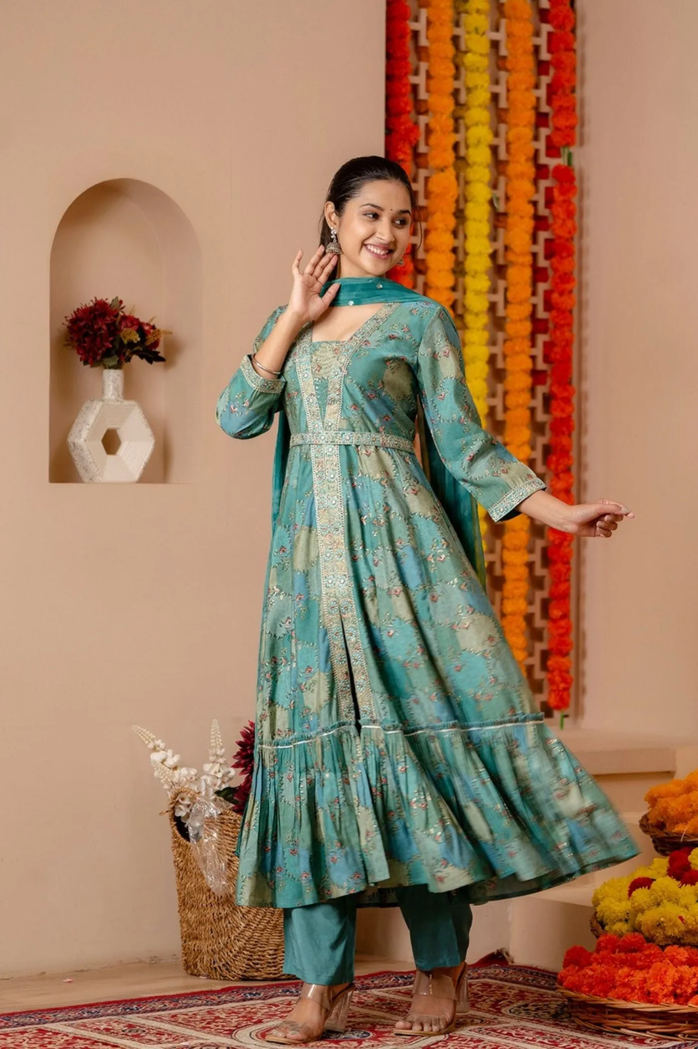 Green Anarkali Set with Matching Dupatta