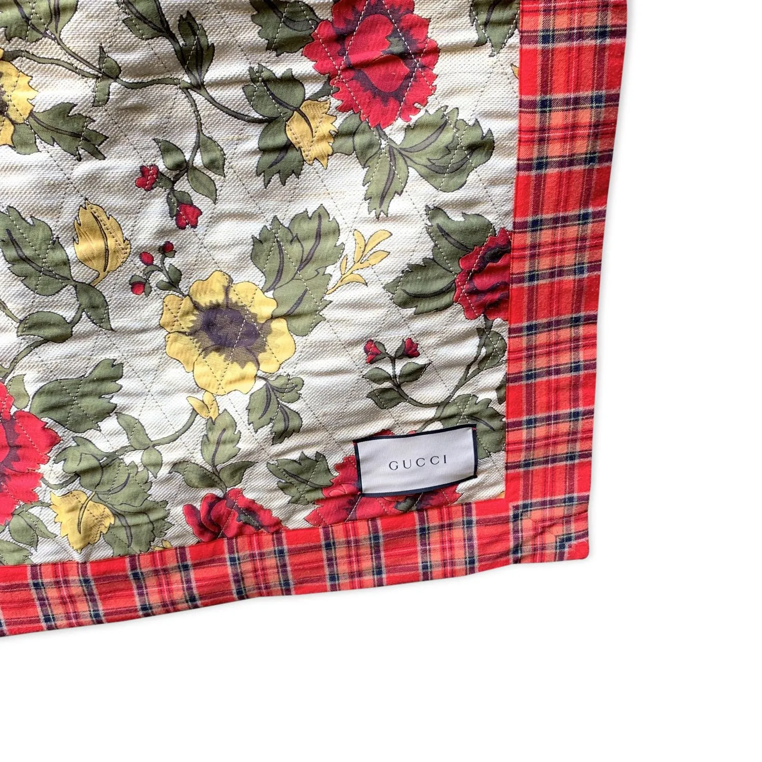 Gucci Beige Red Floral and Tartan Check Print Quilted Blanket