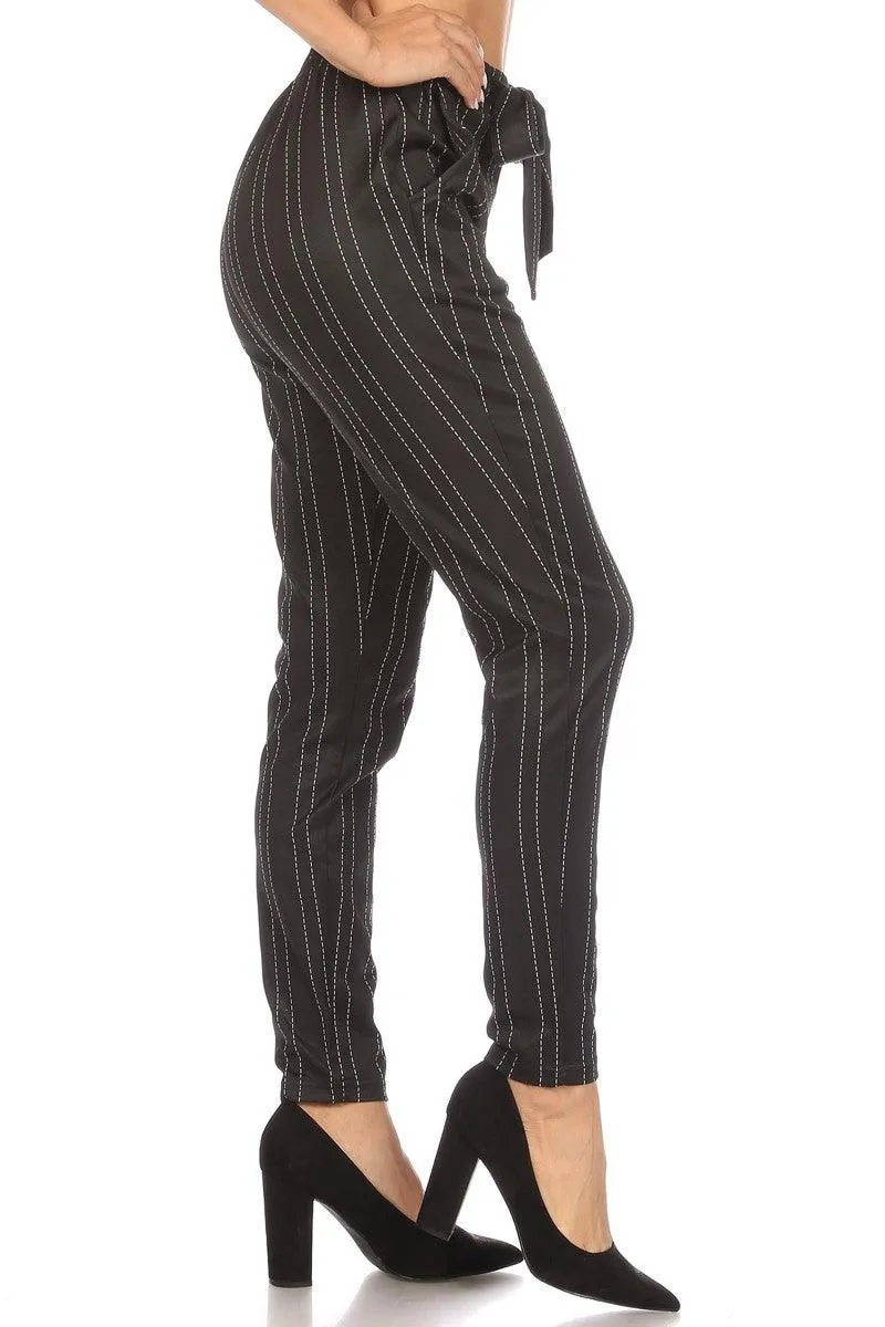 High Waist Slim Fit Pants With Waist Tie & Pockets - Black, White Stripes