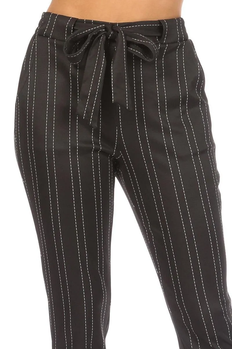 High Waist Slim Fit Pants With Waist Tie & Pockets - Black, White Stripes