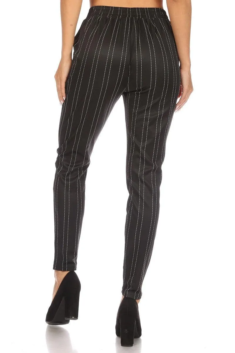 High Waist Slim Fit Pants With Waist Tie & Pockets - Black, White Stripes