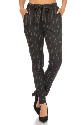 High Waist Slim Fit Pants With Waist Tie & Pockets - Black, White Stripes