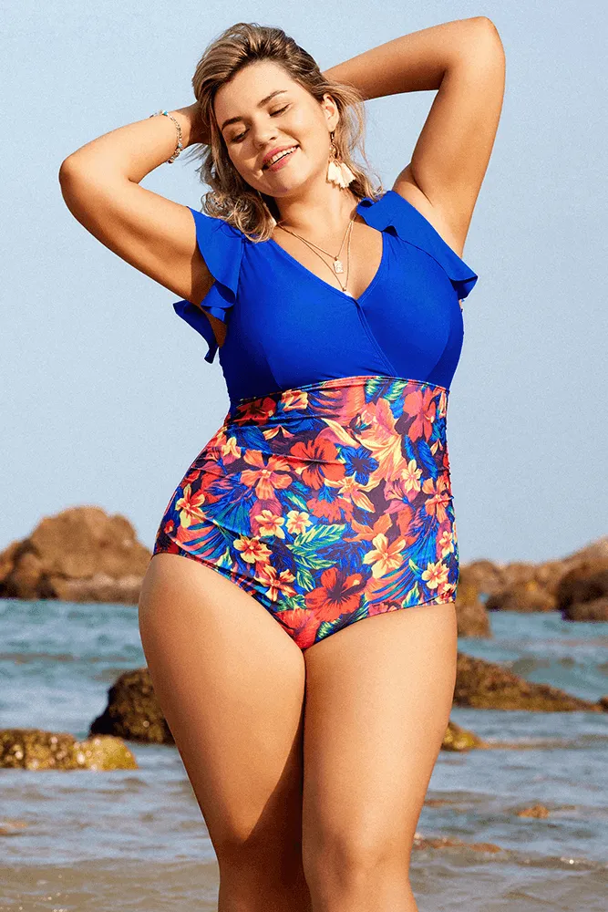 HN Women Plus Size Ruched Bathing Suit V-Neck Padded Teddy Swimwear