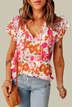 Joy Split V Neck Ruffle Sleeve Floral Blouse