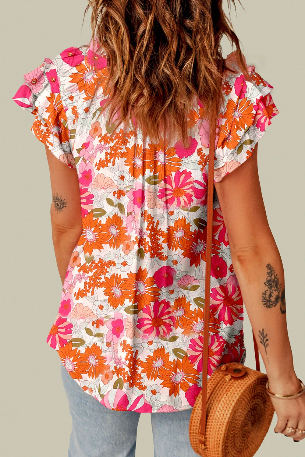 Joy Split V Neck Ruffle Sleeve Floral Blouse