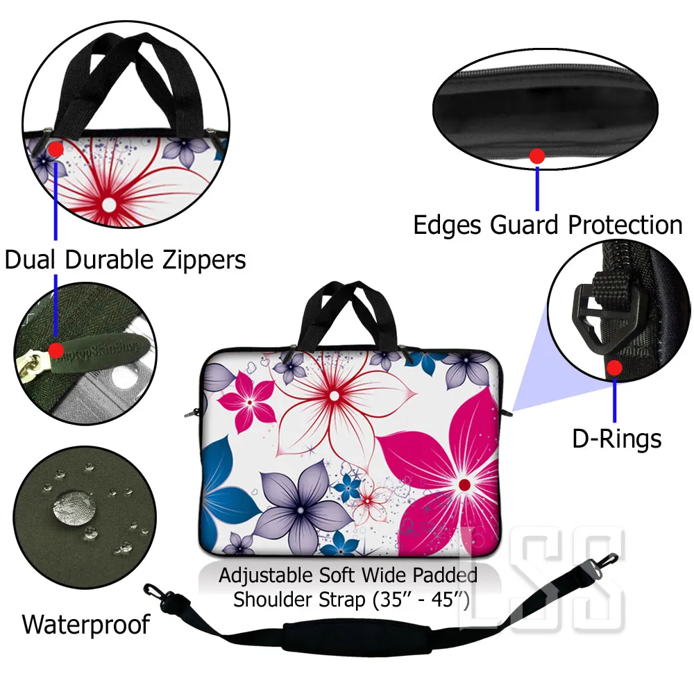 Laptop Notebook Sleeve Carrying Case with Carry Handle and Shoulder Strap - White Pink Blue Flower Leaves