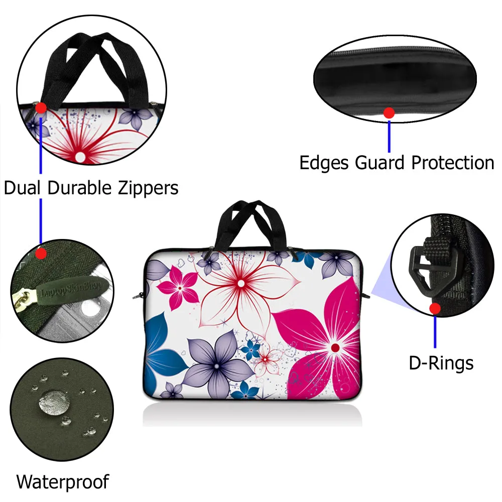 Laptop Notebook Sleeve Carrying Case with Carry Handle – White Pink Blue Flower Leaves