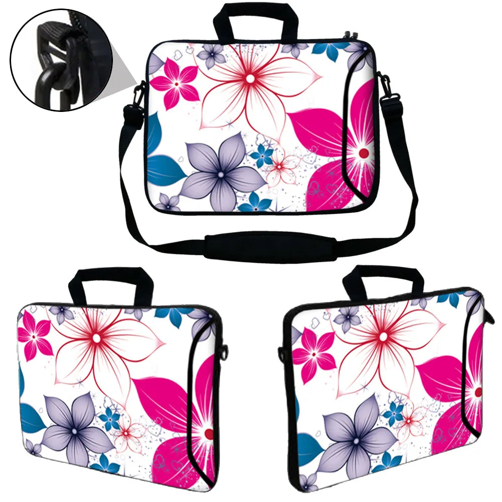 Laptop Sleeve Carrying Case with Large Side Pocket for Accessories and Removable Shoulder Strap - White Pink Blue Flower Leaves