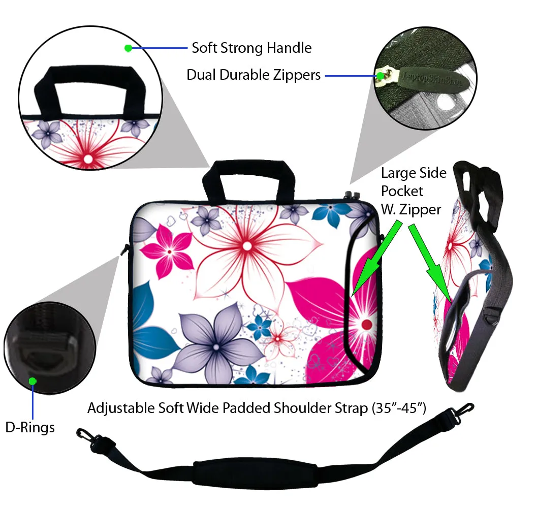 Laptop Sleeve Carrying Case with Large Side Pocket for Accessories and Removable Shoulder Strap - White Pink Blue Flower Leaves