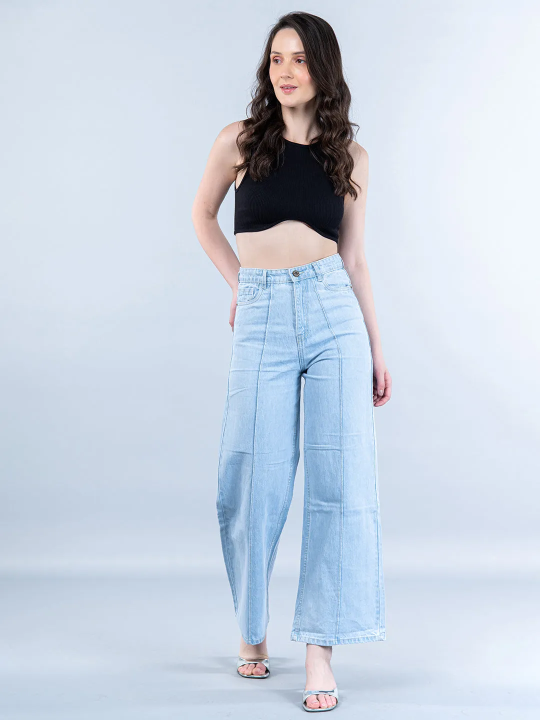 Light Blue Pleated Flared Jeans