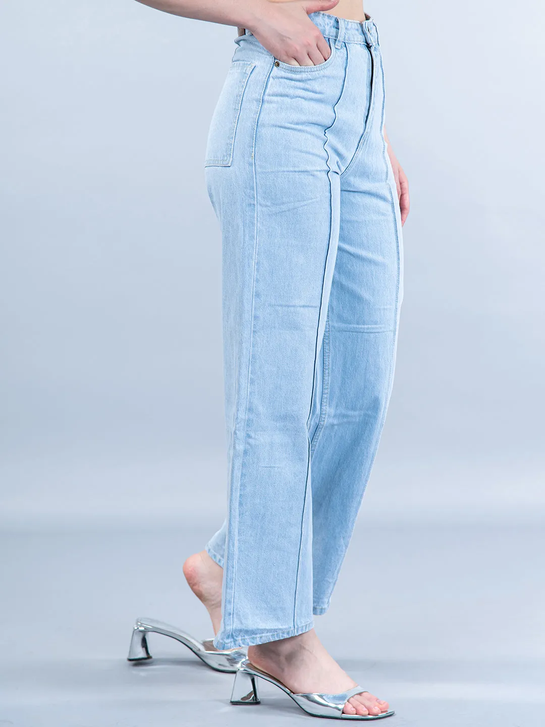 Light Blue Pleated Flared Jeans