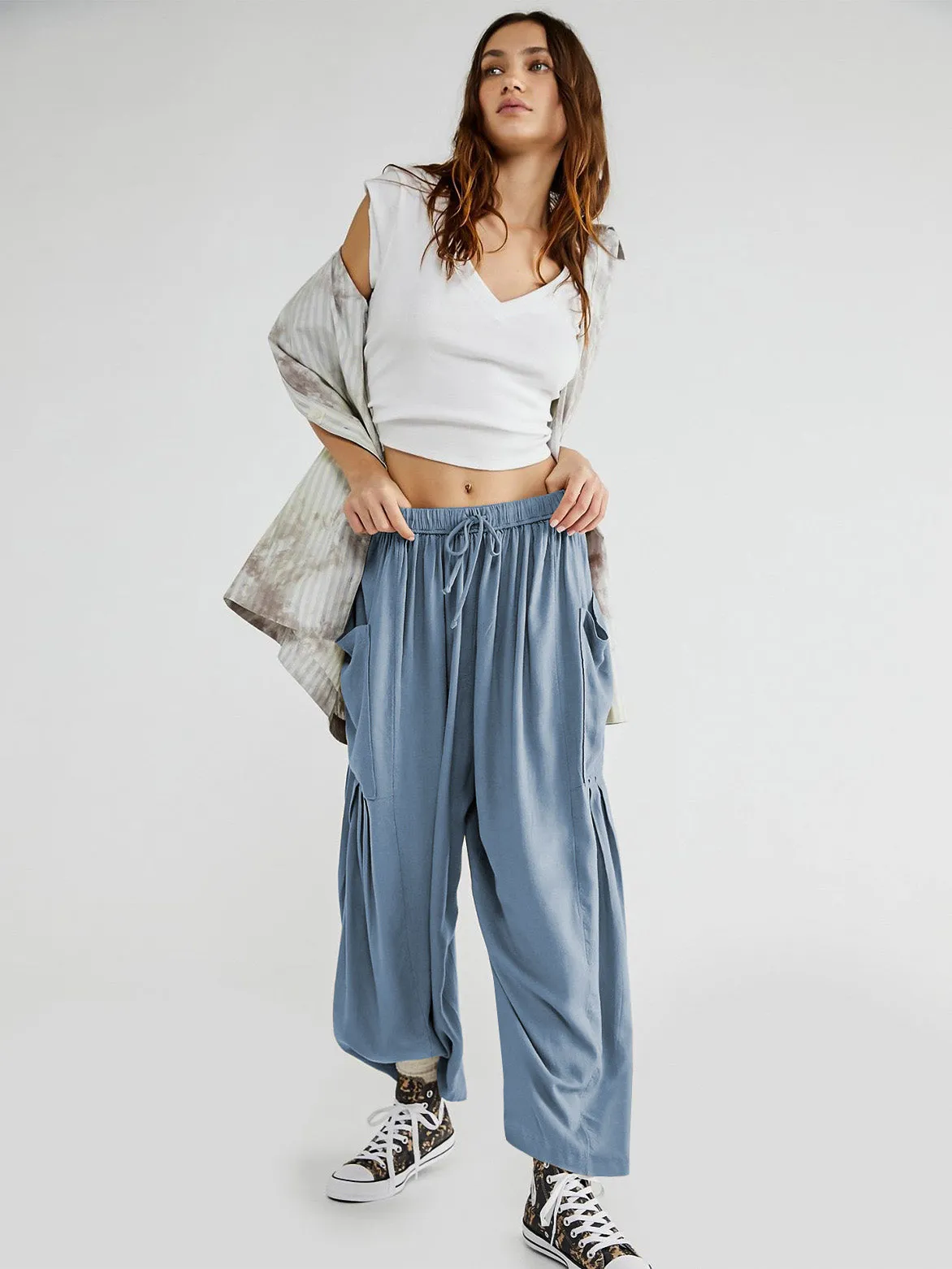 Loose Pockets Pleated Long Pants