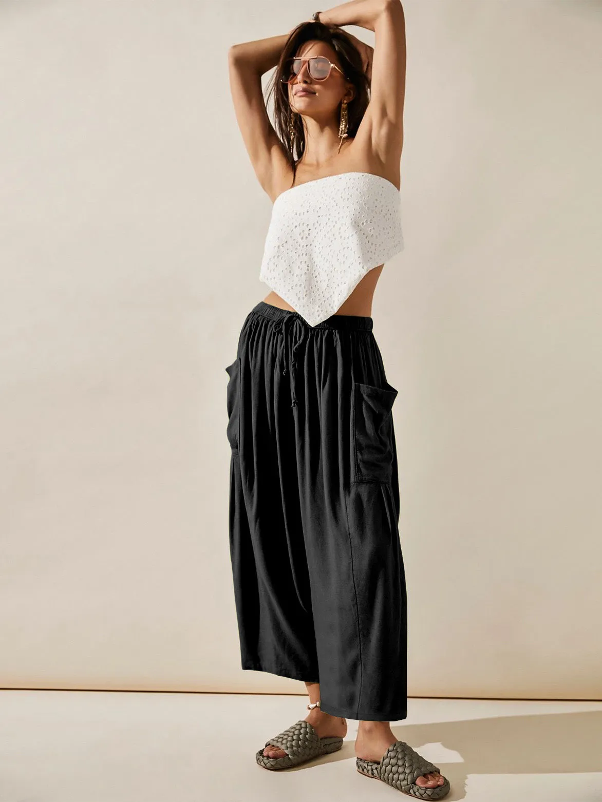 Loose Pockets Pleated Long Pants