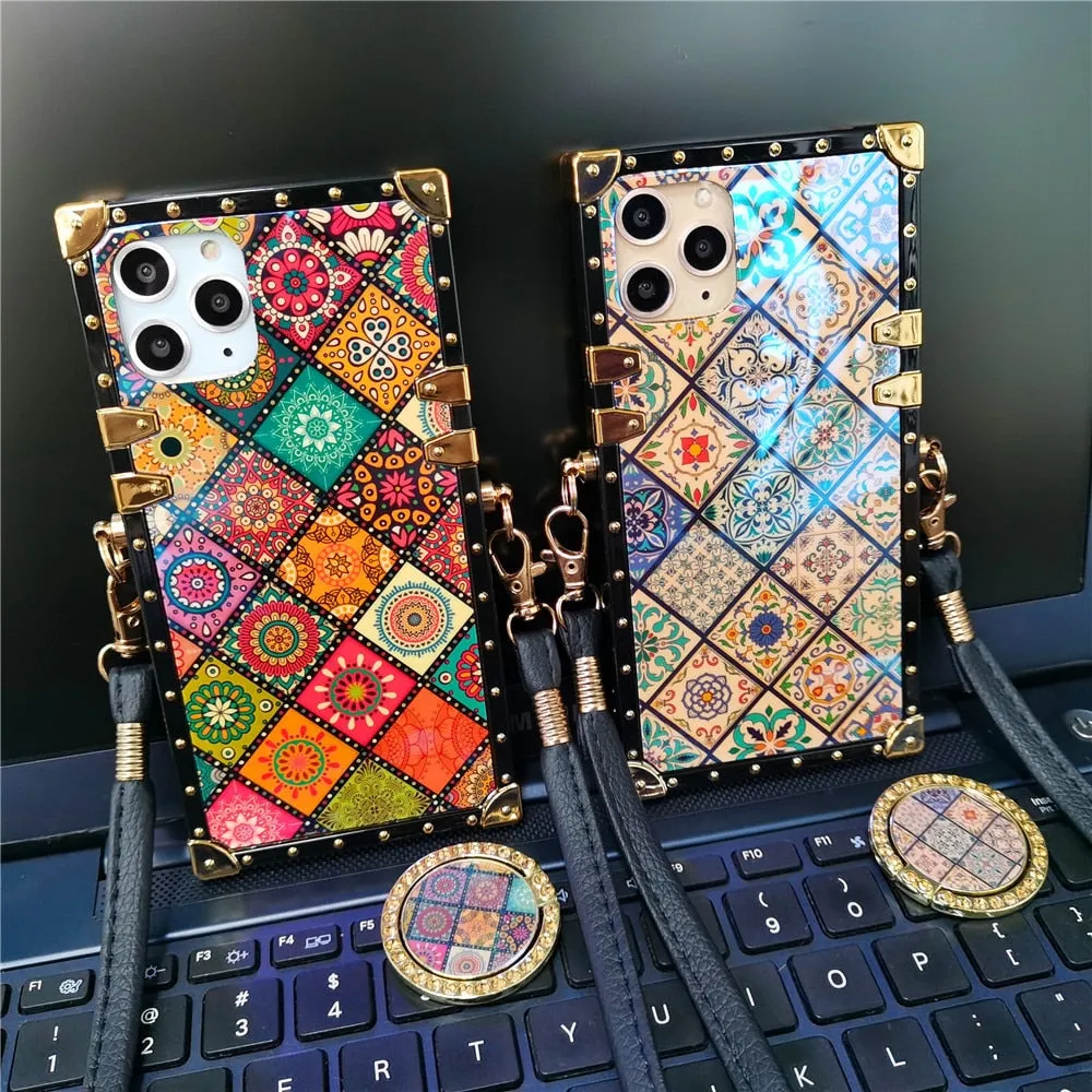 Luxury Glitter Flower Cover Square Lanyard Strap Case for iPhone 12 PRO MAX XS X XR 11 13 PRO 14 PRO MAX 7 8 14 Plus Phone Cases