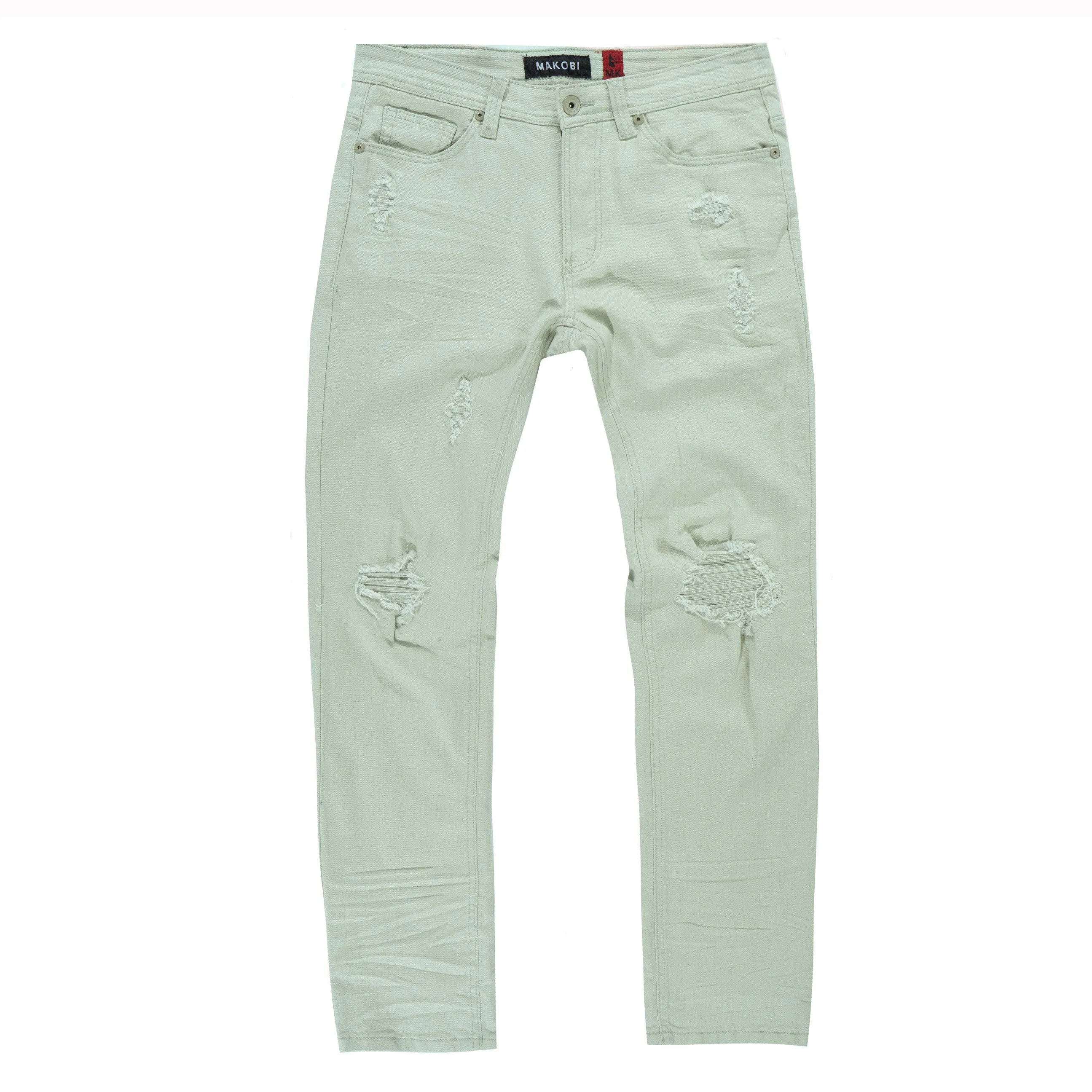 M1932 Makobi Brighton Shredded Twill Jeans - Light Olive