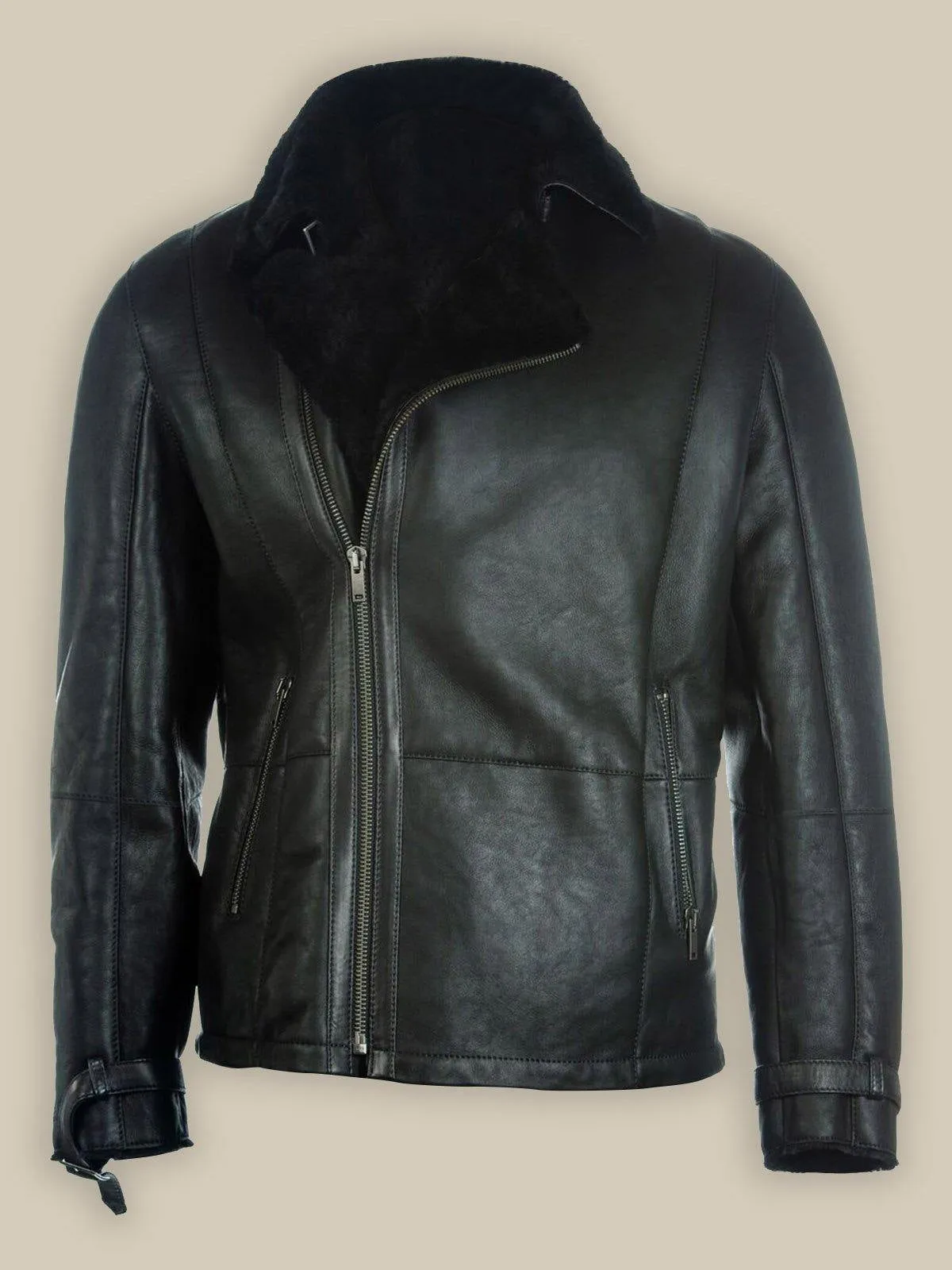 Men Pure Black B3 Shearling Bomber Leather Jacket