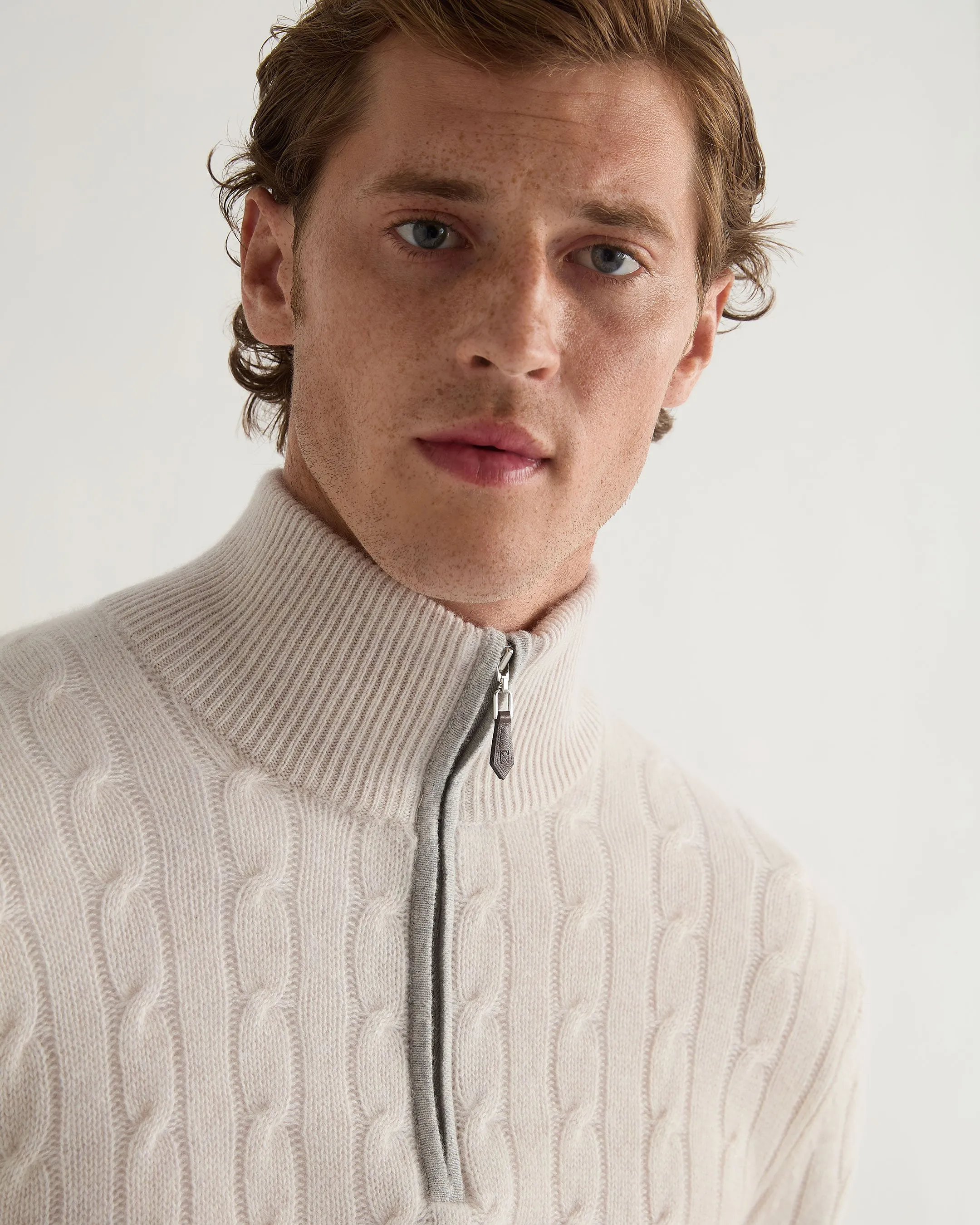 Men's Albemarle Cable Half Zip Cashmere Jumper Frost White