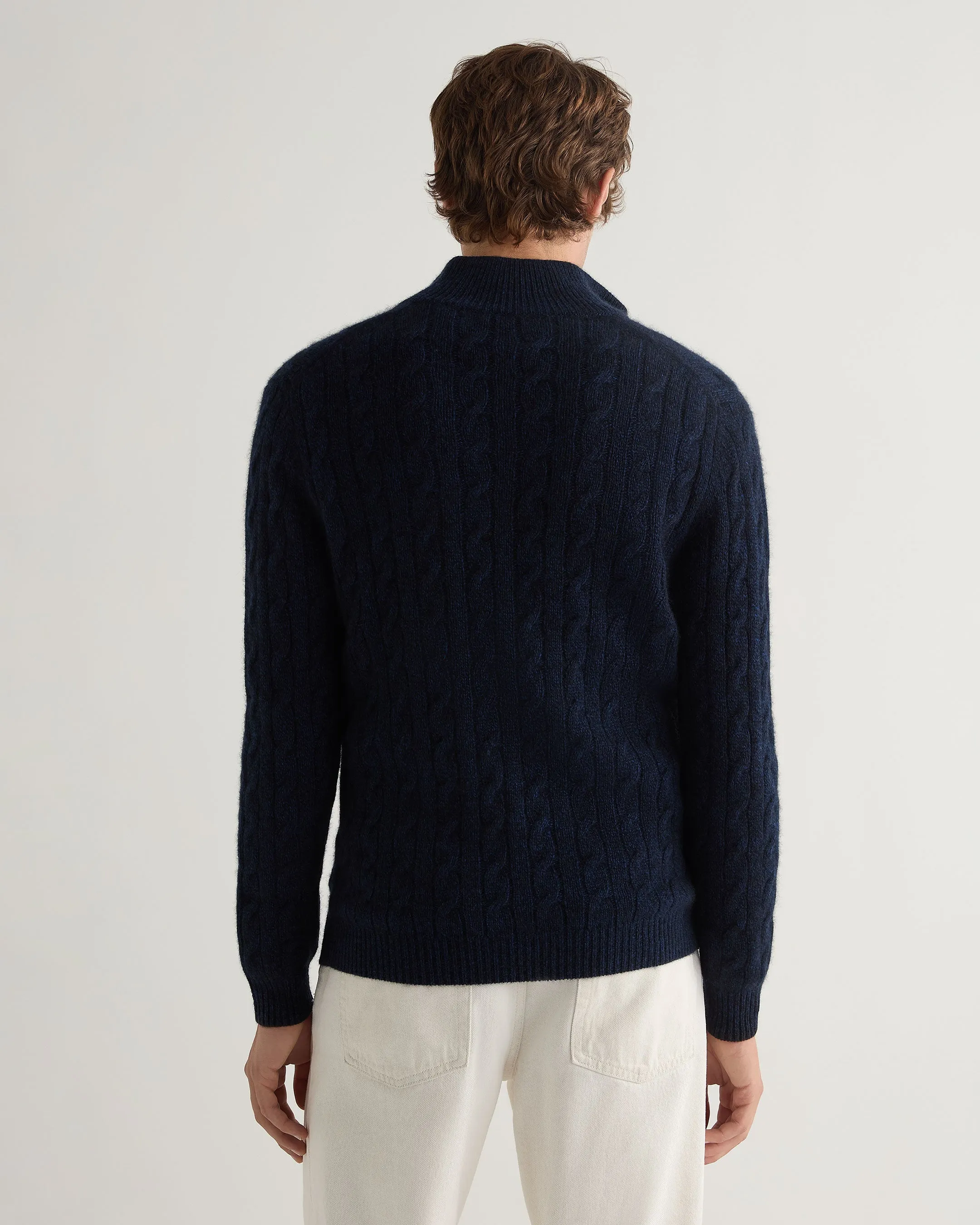 Men's Albemarle Cable Half Zip Cashmere Jumper Navy Blue Melange