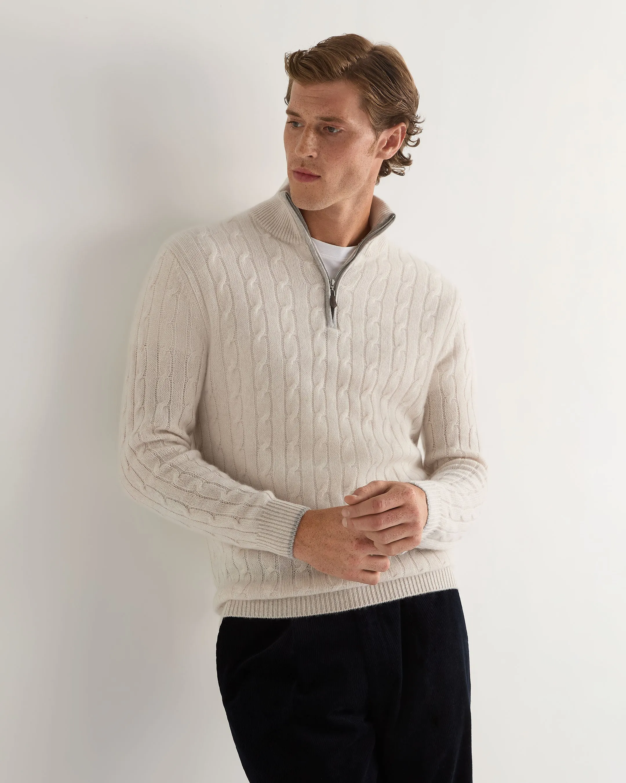 Men's Albemarle Cable Half Zip Cashmere Sweater Frost White