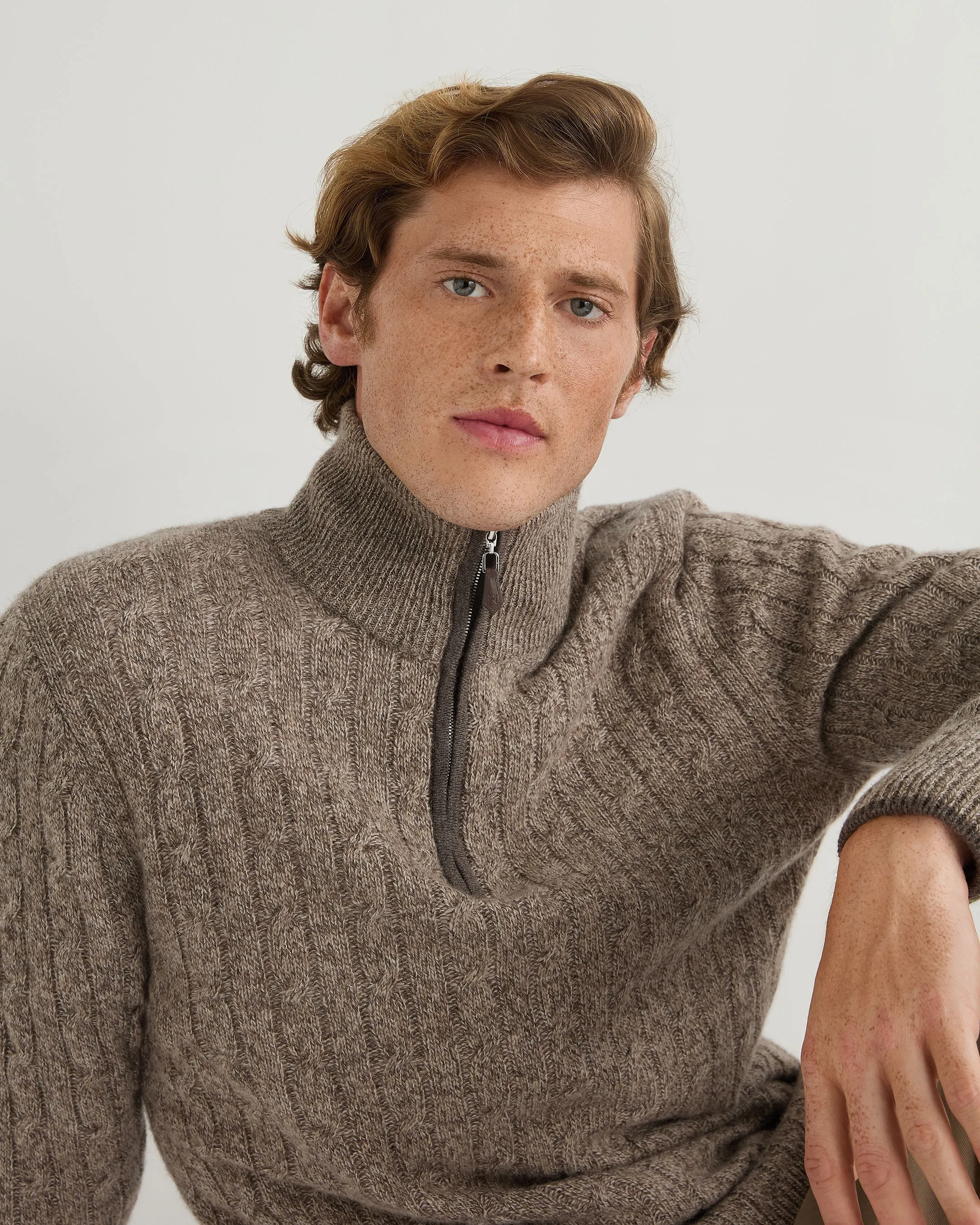 Men's Albemarle Cable Half Zip Cashmere Sweater Heather Hazel Brown