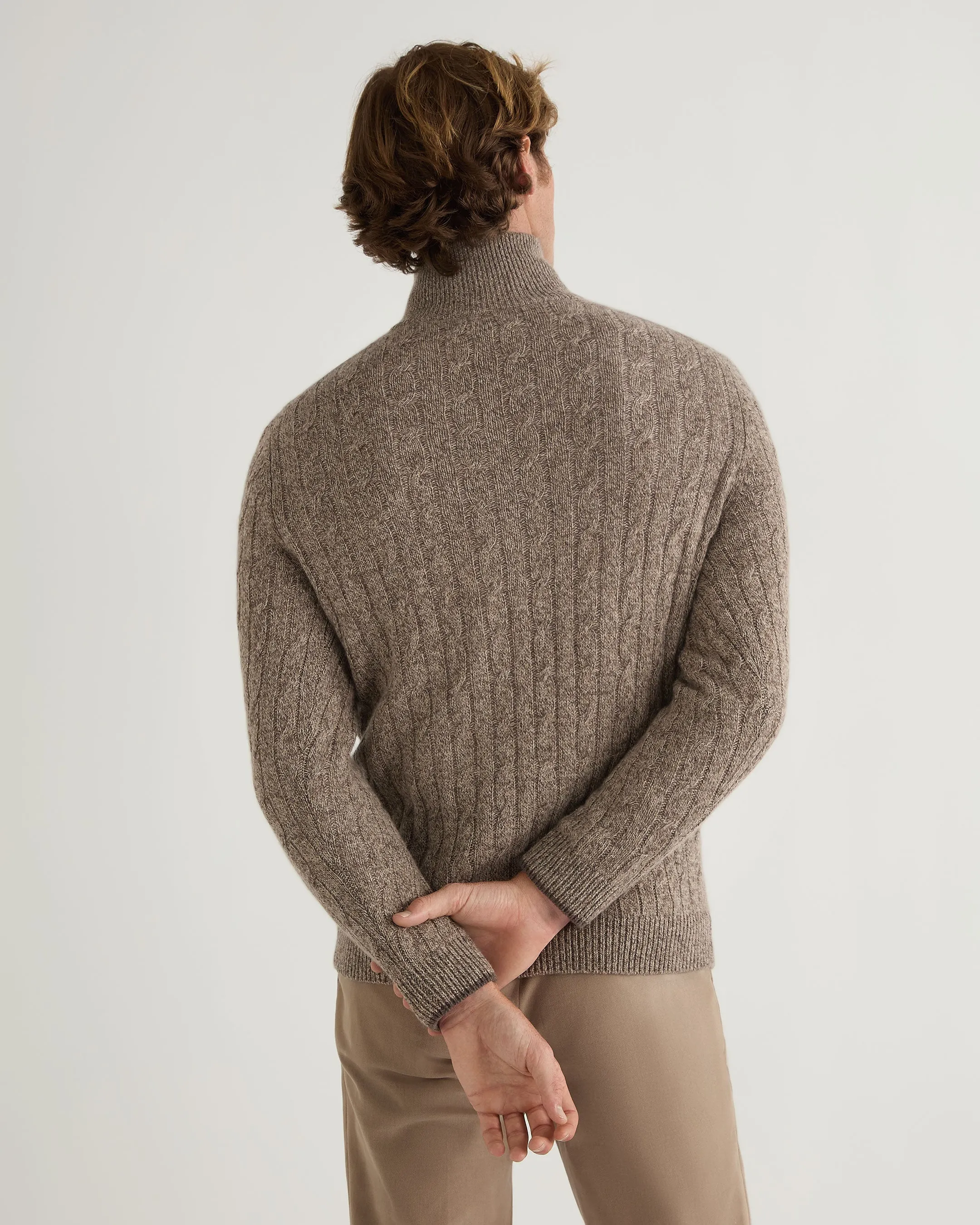 Men's Albemarle Cable Half Zip Cashmere Sweater Heather Hazel Brown