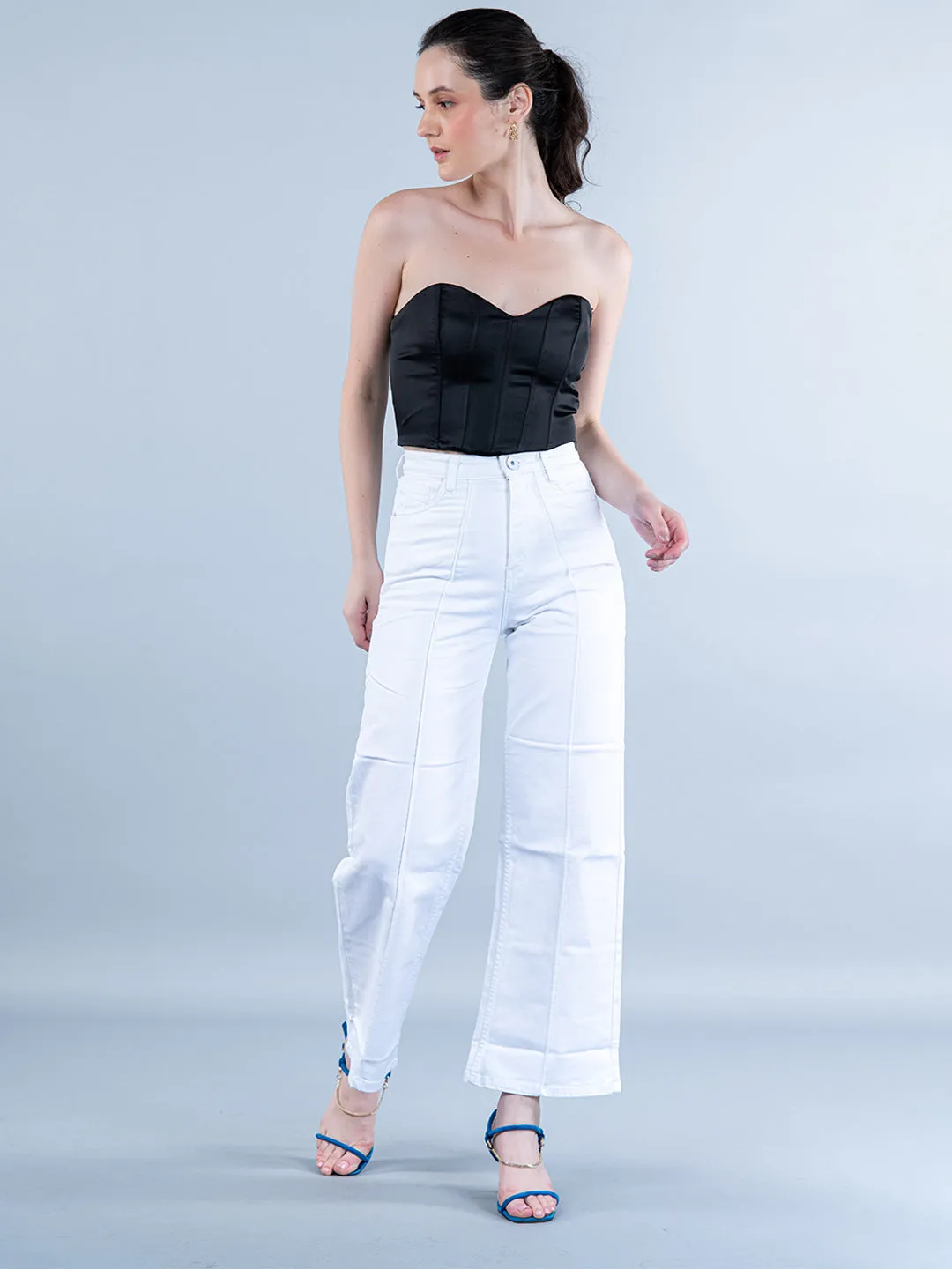 Modish White Pleated Flared Jeans