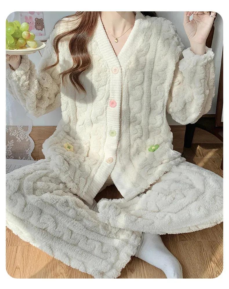 New Thickened Coral Fleece Sleepwear Women Pajamas Set Winter Velvet 2 Pieces Homewear Suit Fluffy Korean Warm Night Wear