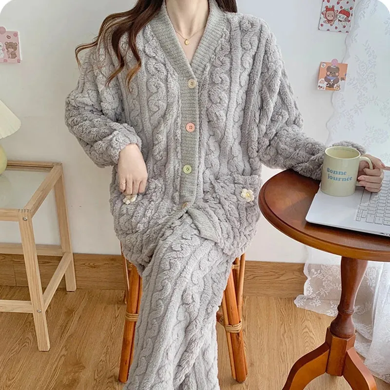 New Thickened Coral Fleece Sleepwear Women Pajamas Set Winter Velvet 2 Pieces Homewear Suit Fluffy Korean Warm Night Wear