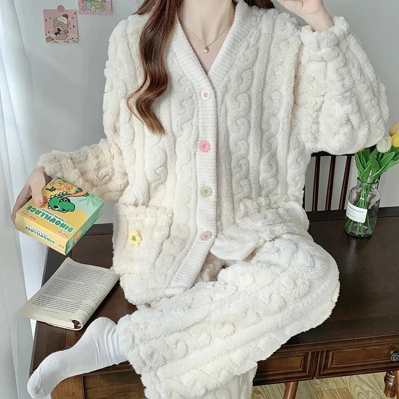 New Thickened Coral Fleece Sleepwear Women Pajamas Set Winter Velvet 2 Pieces Homewear Suit Fluffy Korean Warm Night Wear