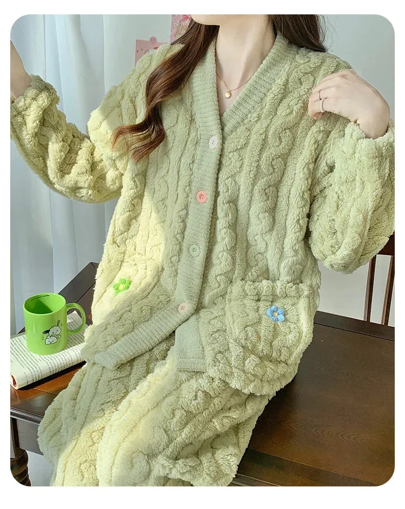 New Thickened Coral Fleece Sleepwear Women Pajamas Set Winter Velvet 2 Pieces Homewear Suit Fluffy Korean Warm Night Wear