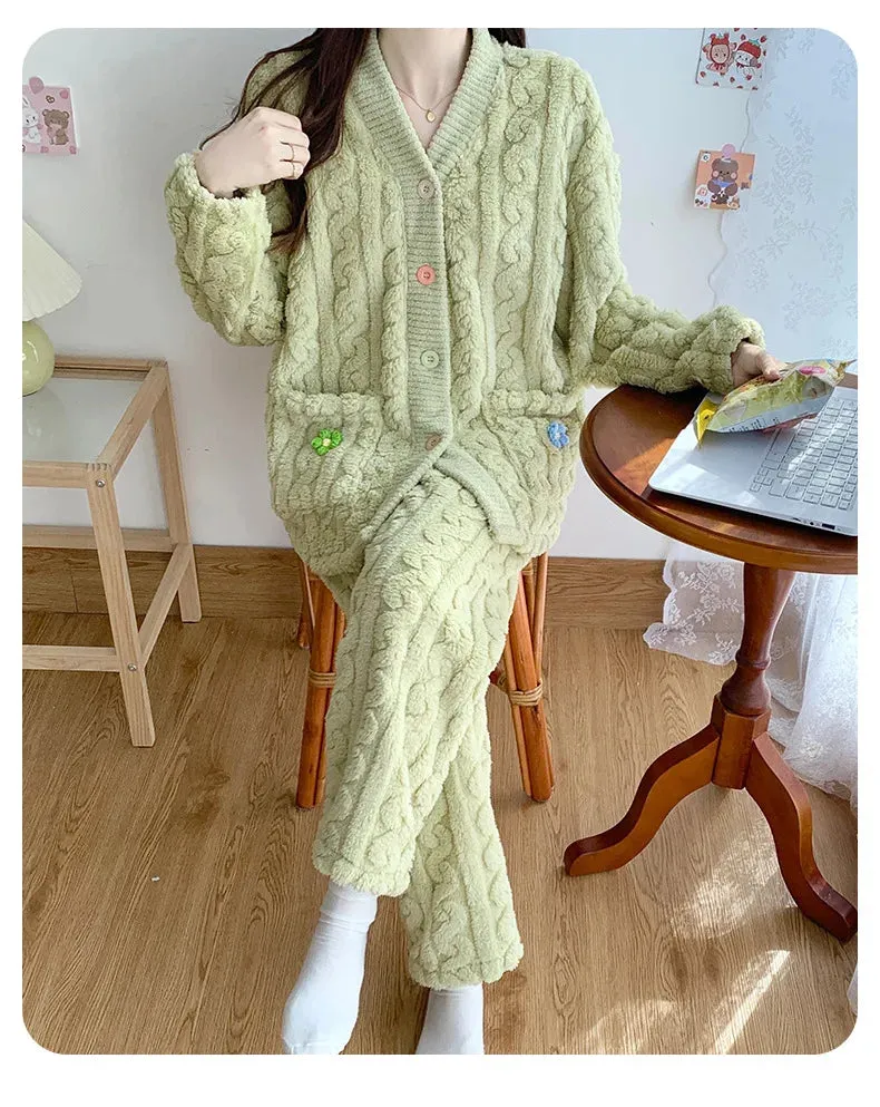 New Thickened Coral Fleece Sleepwear Women Pajamas Set Winter Velvet 2 Pieces Homewear Suit Fluffy Korean Warm Night Wear