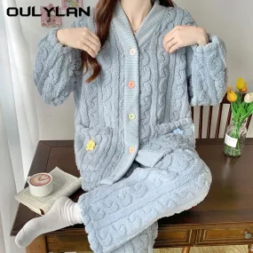 New Thickened Coral Fleece Sleepwear Women Pajamas Set Winter Velvet 2 Pieces Homewear Suit Fluffy Korean Warm Night Wear