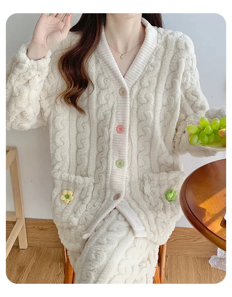 New Thickened Coral Fleece Sleepwear Women Pajamas Set Winter Velvet 2 Pieces Homewear Suit Fluffy Korean Warm Night Wear