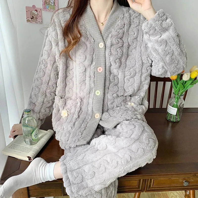 New Thickened Coral Fleece Sleepwear Women Pajamas Set Winter Velvet 2 Pieces Homewear Suit Fluffy Korean Warm Night Wear