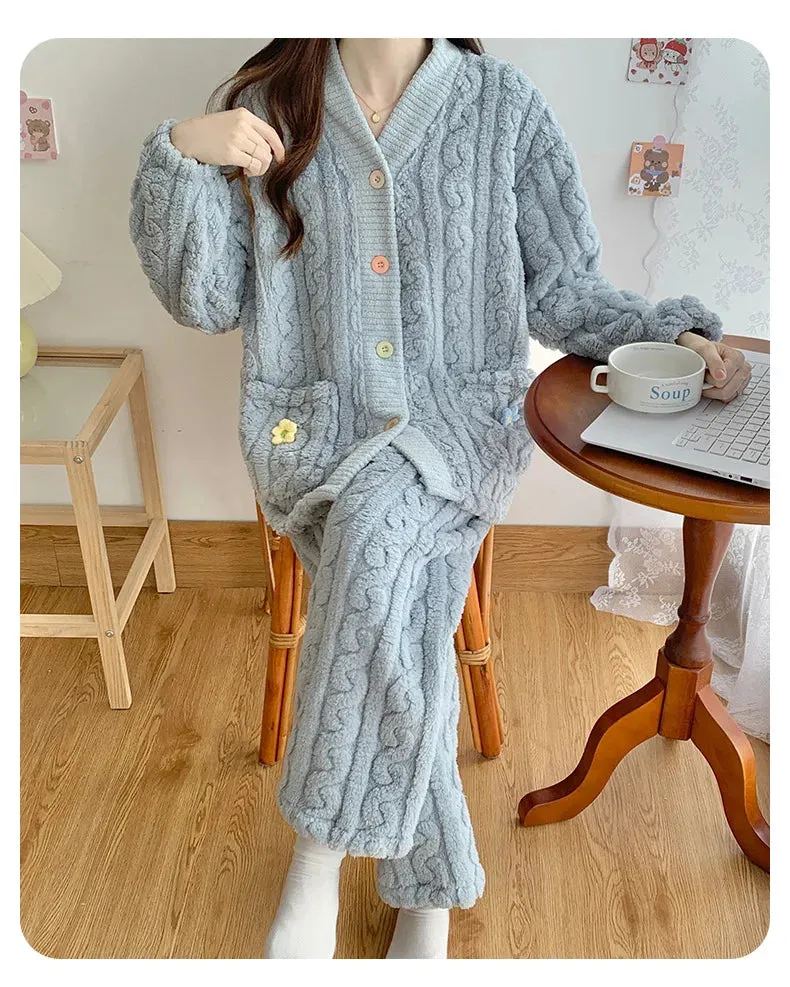 New Thickened Coral Fleece Sleepwear Women Pajamas Set Winter Velvet 2 Pieces Homewear Suit Fluffy Korean Warm Night Wear