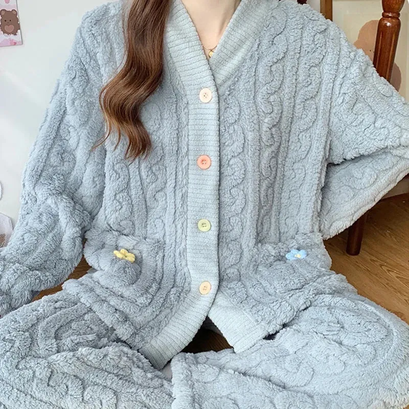 New Thickened Coral Fleece Sleepwear Women Pajamas Set Winter Velvet 2 Pieces Homewear Suit Fluffy Korean Warm Night Wear