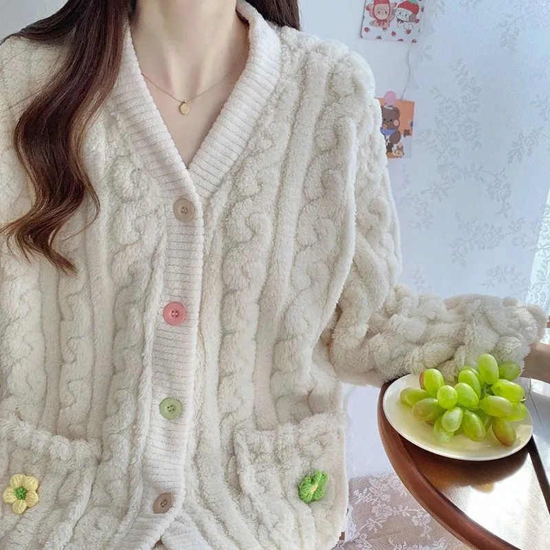 New Thickened Coral Fleece Sleepwear Women Pajamas Set Winter Velvet 2 Pieces Homewear Suit Fluffy Korean Warm Night Wear