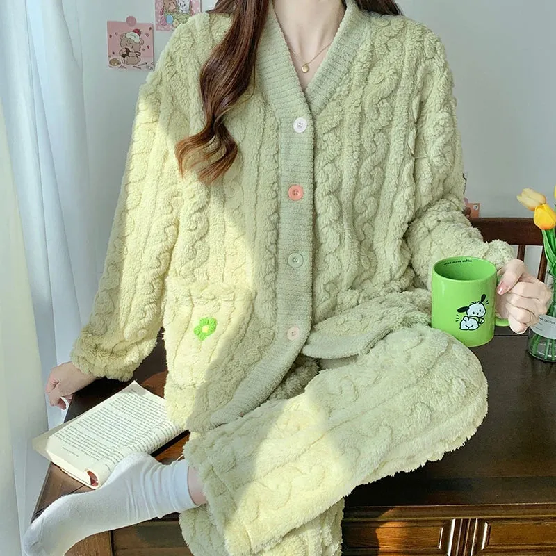 New Thickened Coral Fleece Sleepwear Women Pajamas Set Winter Velvet 2 Pieces Homewear Suit Fluffy Korean Warm Night Wear