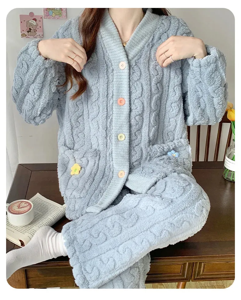 New Thickened Coral Fleece Sleepwear Women Pajamas Set Winter Velvet 2 Pieces Homewear Suit Fluffy Korean Warm Night Wear