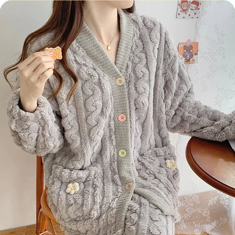 New Thickened Coral Fleece Sleepwear Women Pajamas Set Winter Velvet 2 Pieces Homewear Suit Fluffy Korean Warm Night Wear