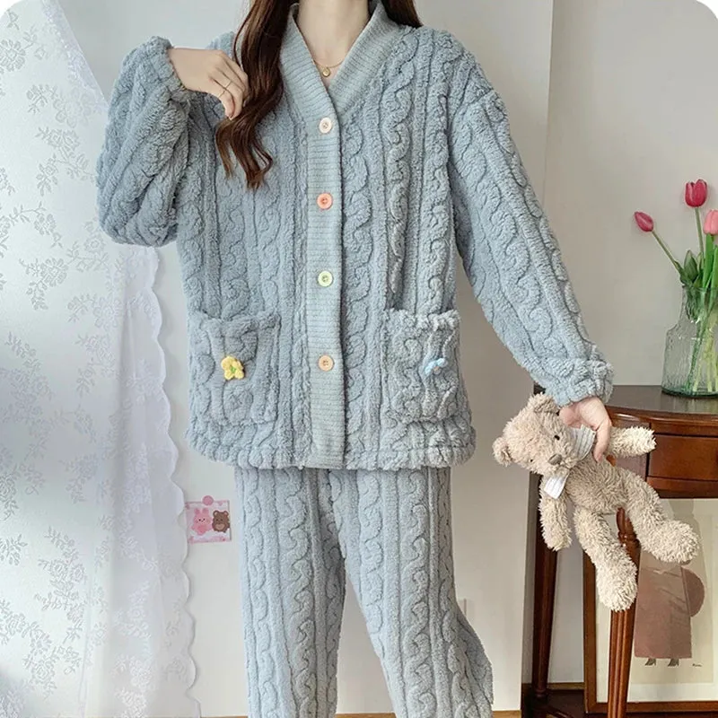 New Thickened Coral Fleece Sleepwear Women Pajamas Set Winter Velvet 2 Pieces Homewear Suit Fluffy Korean Warm Night Wear