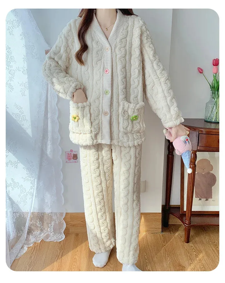 New Thickened Coral Fleece Sleepwear Women Pajamas Set Winter Velvet 2 Pieces Homewear Suit Fluffy Korean Warm Night Wear