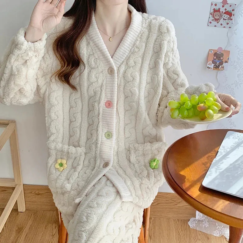 New Thickened Coral Fleece Sleepwear Women Pajamas Set Winter Velvet 2 Pieces Homewear Suit Fluffy Korean Warm Night Wear