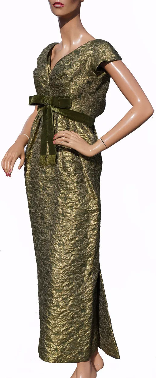 Paris Couture 1960s Gold Lame Evening Gown Green Brocade Dress Size S