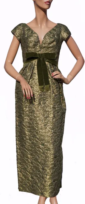 Paris Couture 1960s Gold Lame Evening Gown Green Brocade Dress Size S